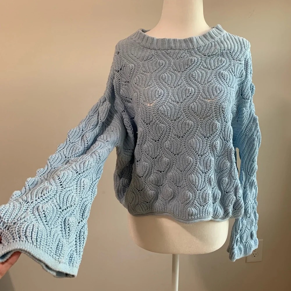 BN2 Alya Baby Blue Cable Knit Crochet Sweater Puffed Slouchy Sleeve Large